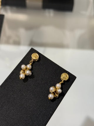 Chanel Lava-style Button and Small Pearl Earrings