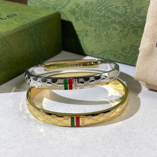 Gucci Web Stripe GG Engraved Crystal Detail Cuff Bracelet