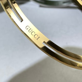 Gucci Web Stripe Rectangular Logo Plaque Crystal Cuff Bracelet