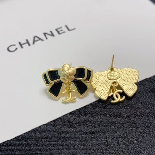 Chanel Camellia black bow stud earrings